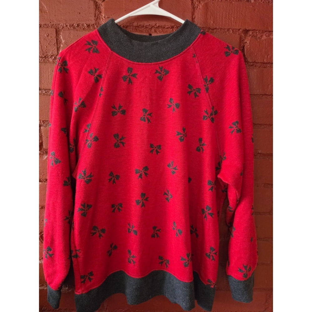 Cathy Daniels Women's Red Black Bow Print Crewneck L Sweatshirt Pullover Vintage
